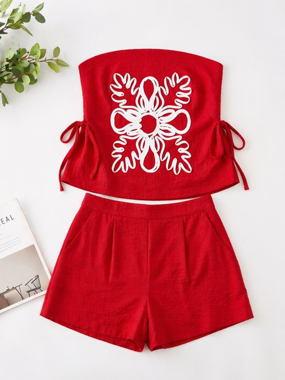Red Strapless Floral Applique Two Pieces Set